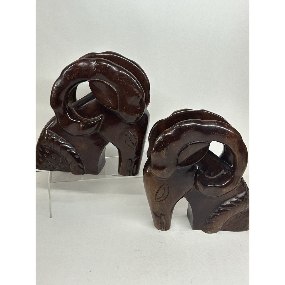 Mid Century MCM Pair Ram Aries Zodiac Mahogany Hand Carved Wood Bookends Decor